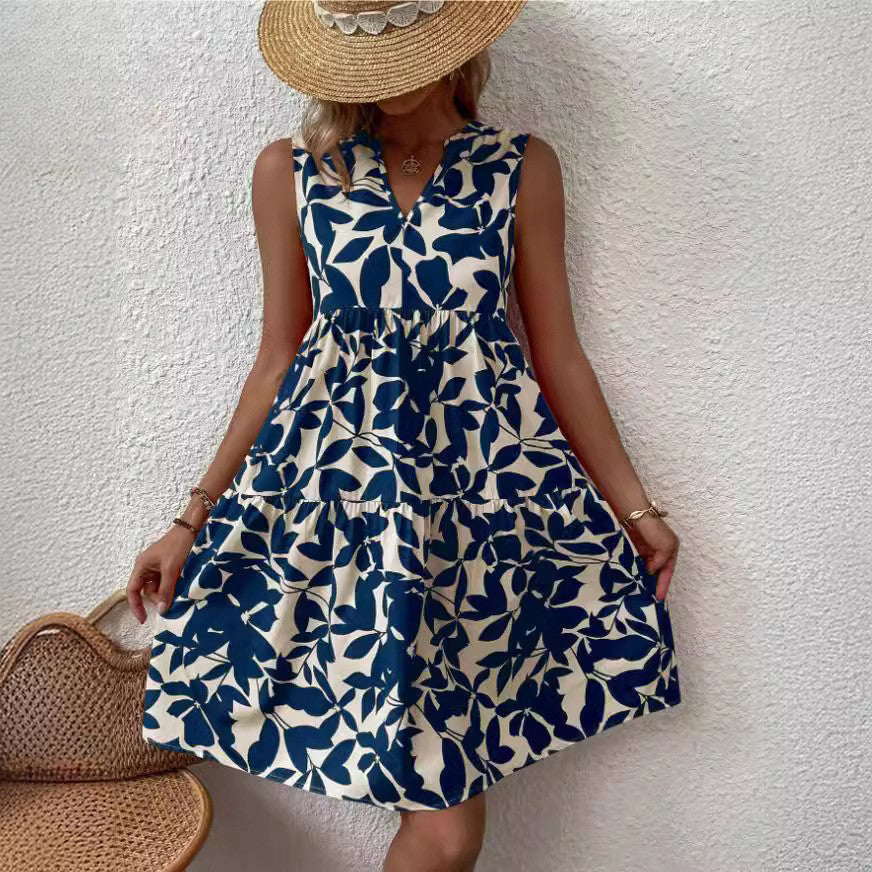 V-neck floral print casual shift dress