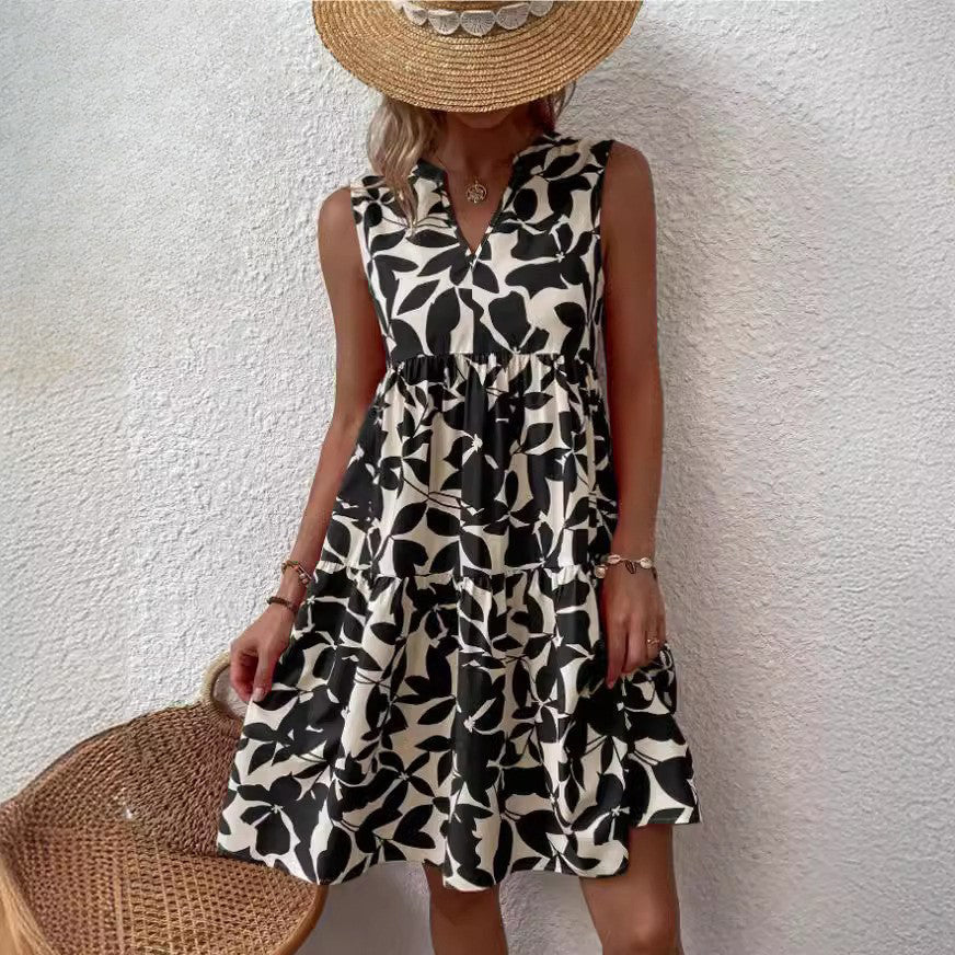 V-neck floral print casual shift dress