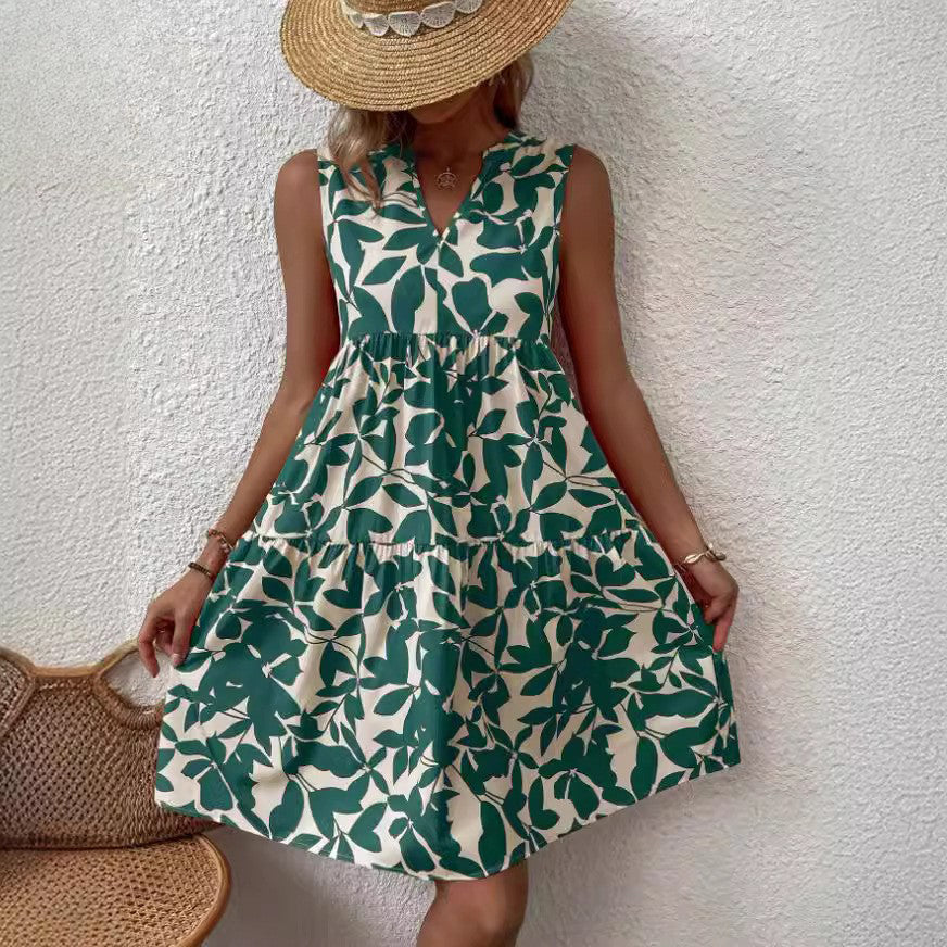 V-neck floral print casual shift dress