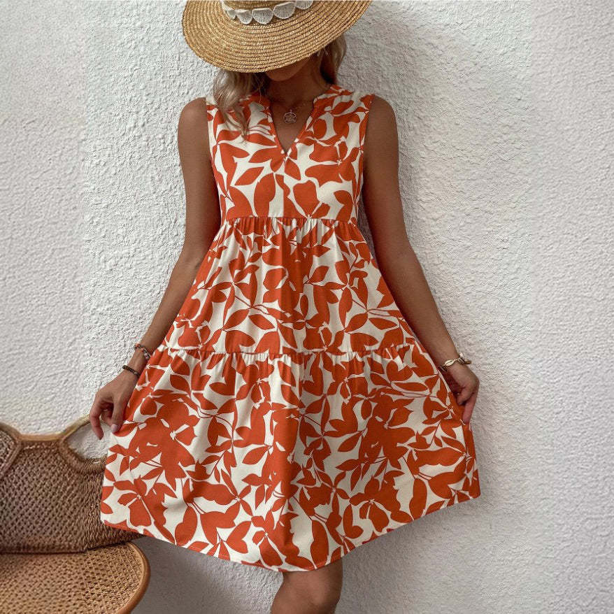 V-neck floral print casual shift dress