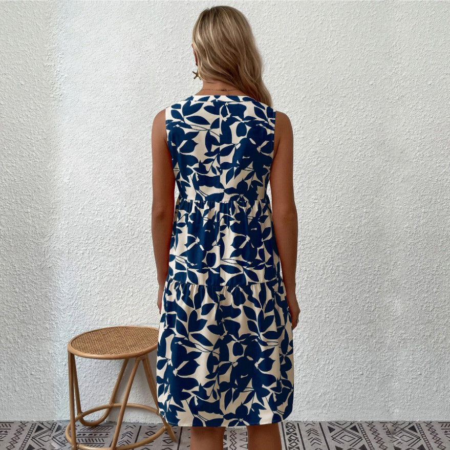 V-neck floral print casual shift dress