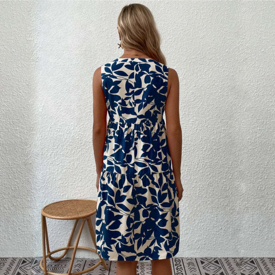 V-neck floral print casual shift dress