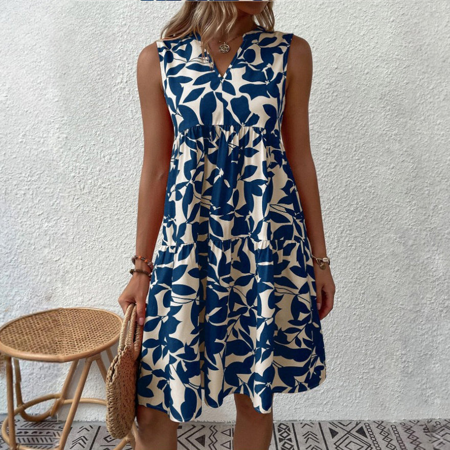 V-neck floral print casual shift dress