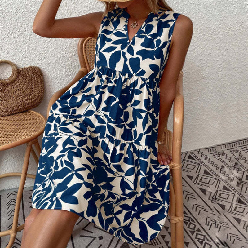 V-neck floral print casual shift dress