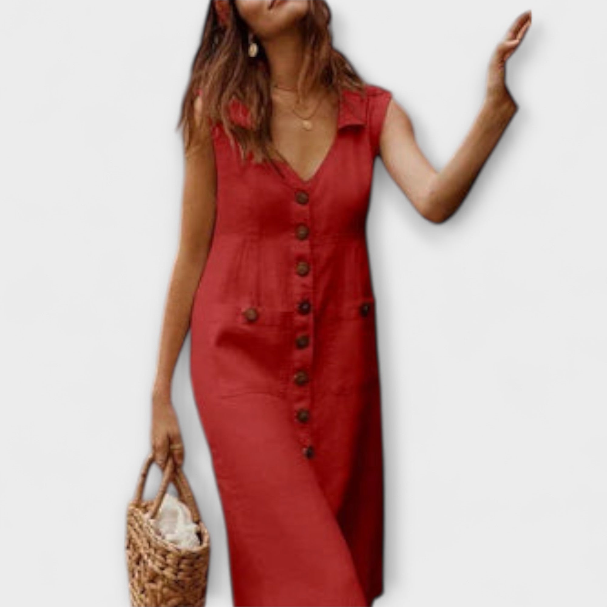 A-Line Dress Made of Cotton-Linen with Lapel Collar