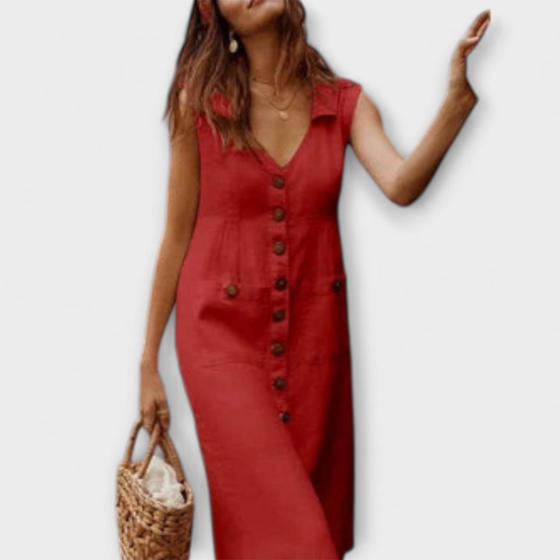 A-Line Dress Made of Cotton-Linen with Lapel Collar