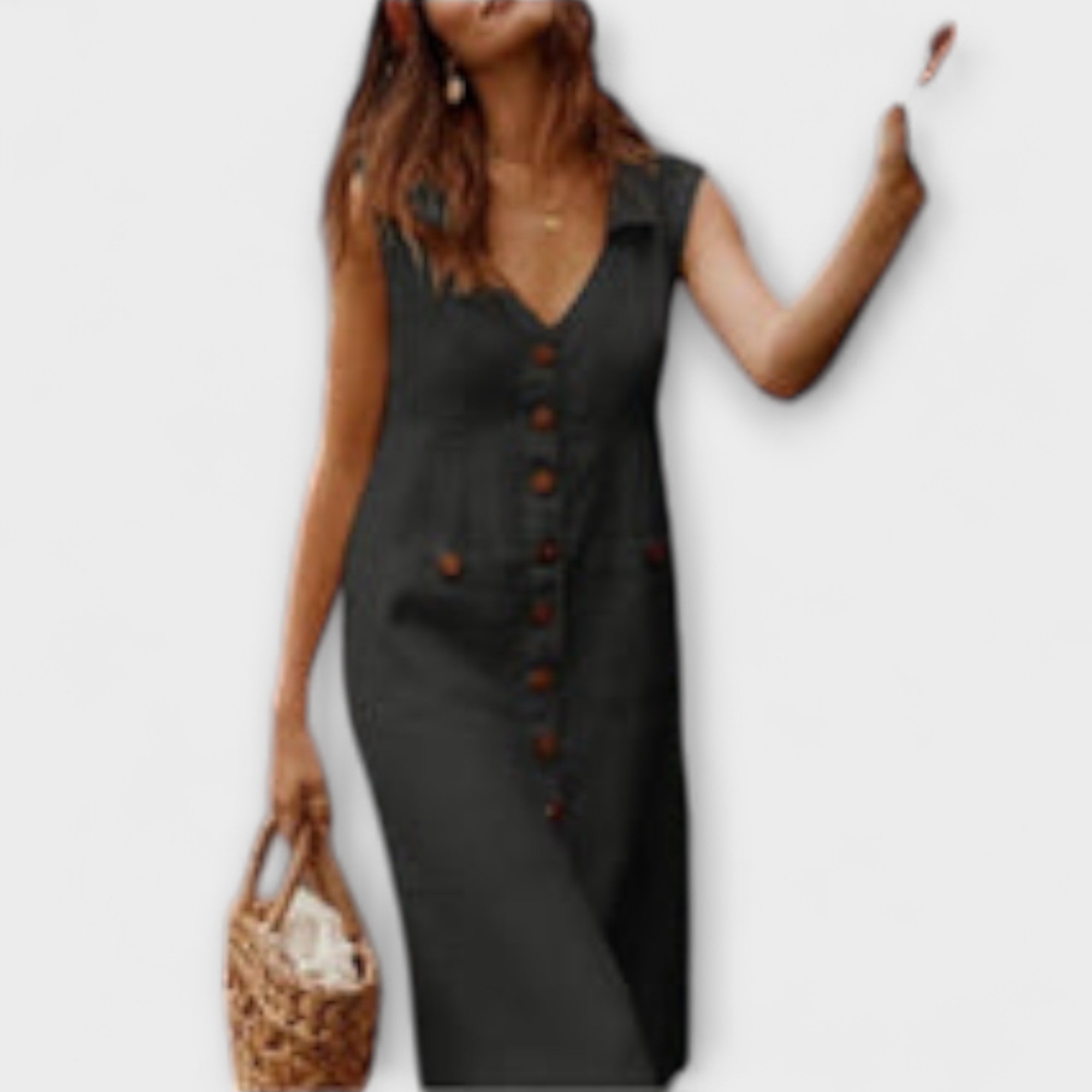 A-Line Dress Made of Cotton-Linen with Lapel Collar