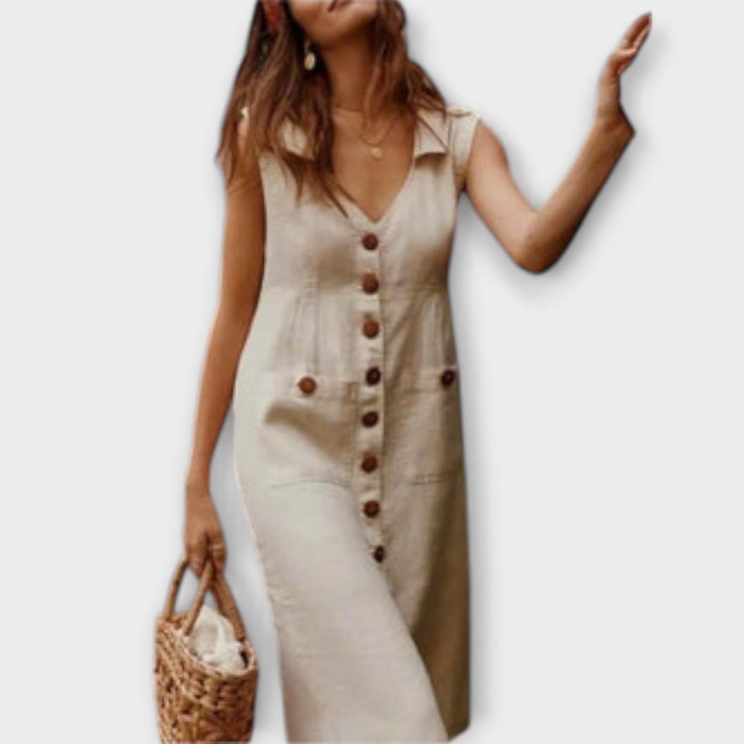 A-Line Dress Made of Cotton-Linen with Lapel Collar