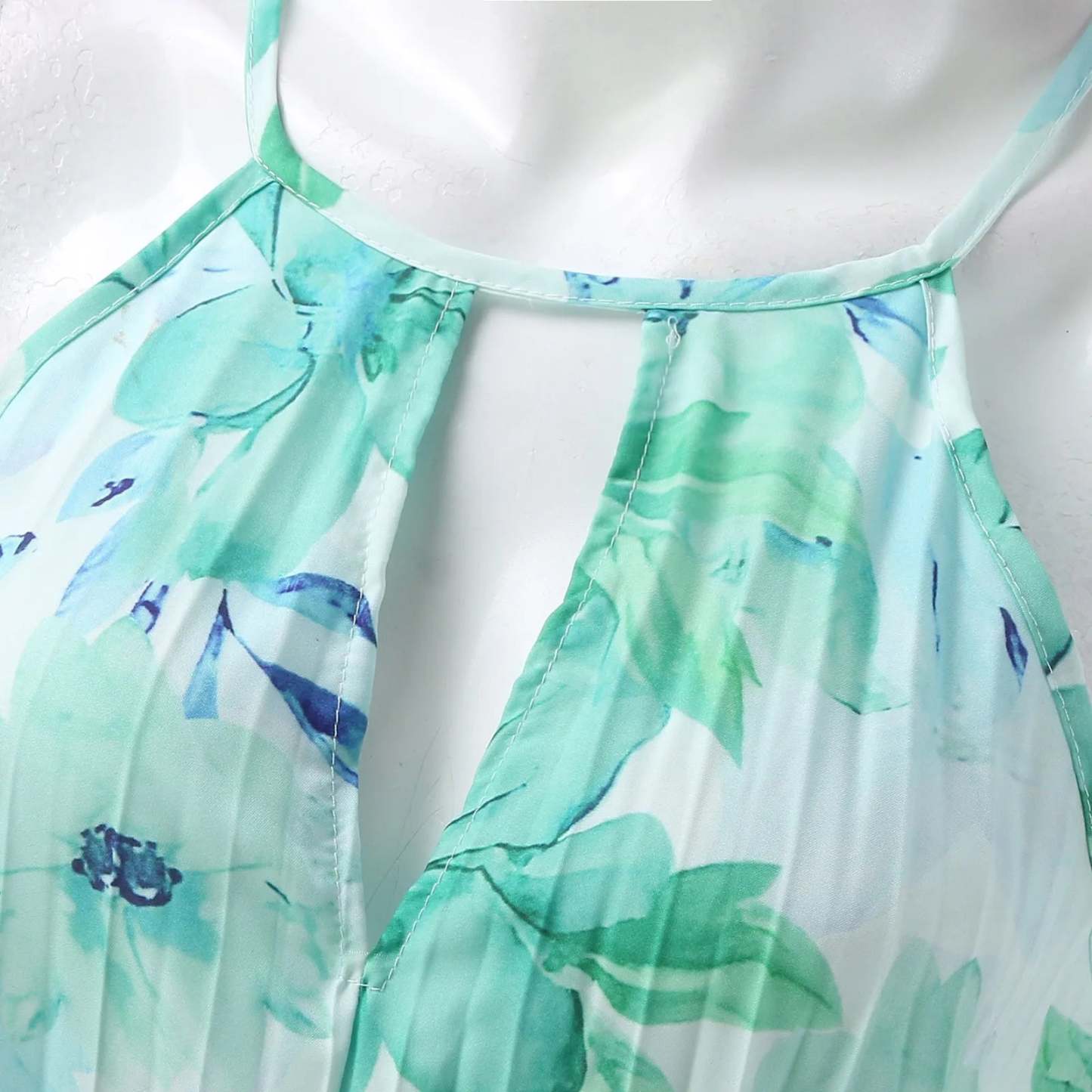 Green Floral High-Low Halter Dress