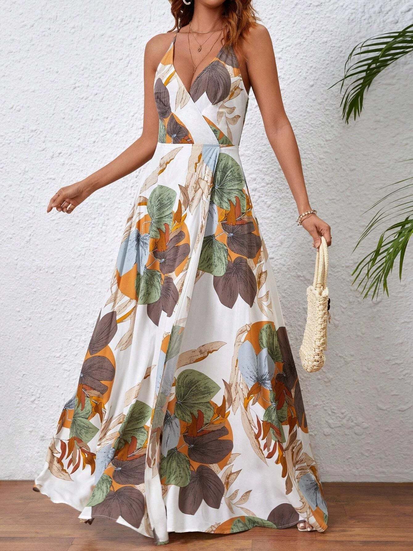  Leaf Print Wrap Maxi