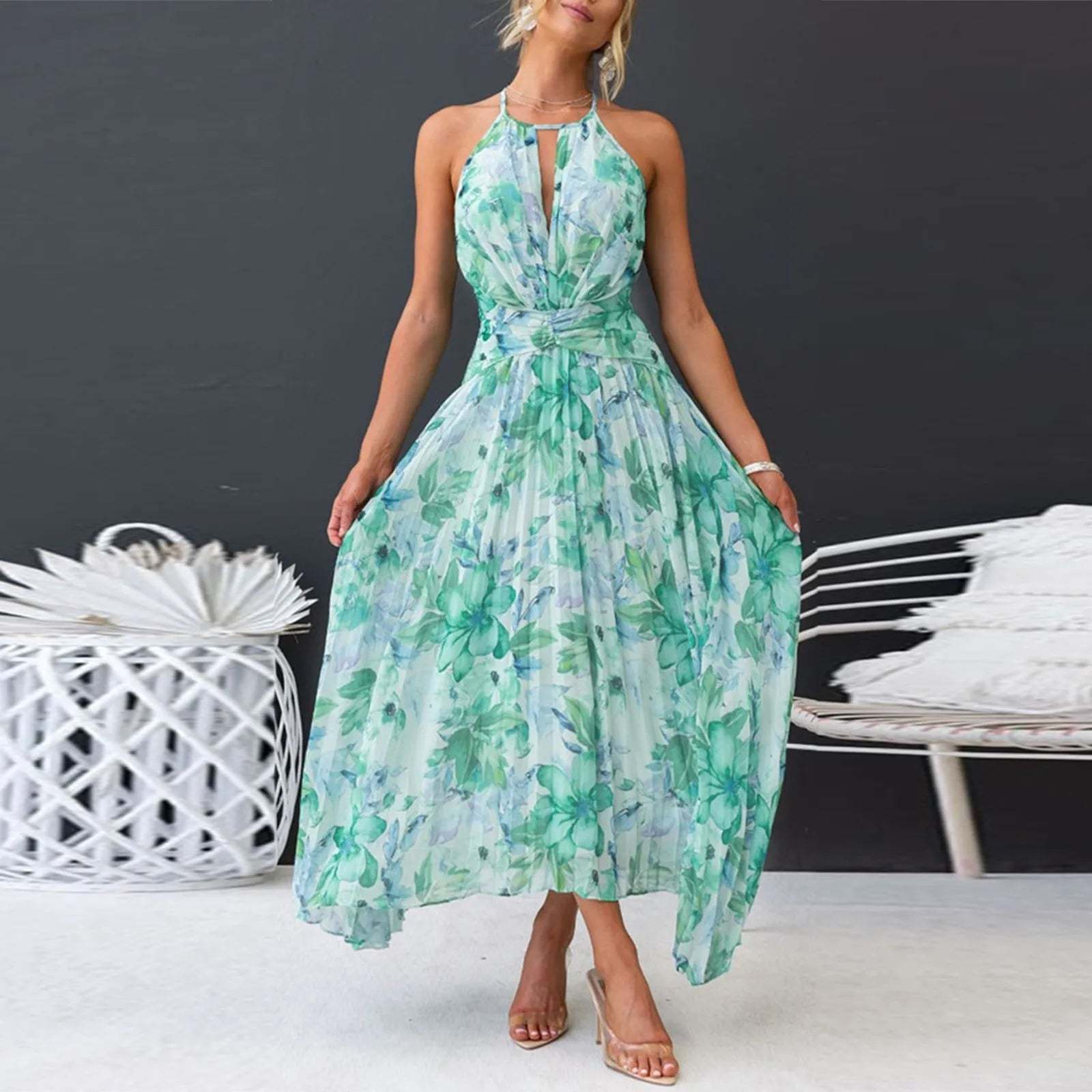 Green Floral High-Low Halter Dress
