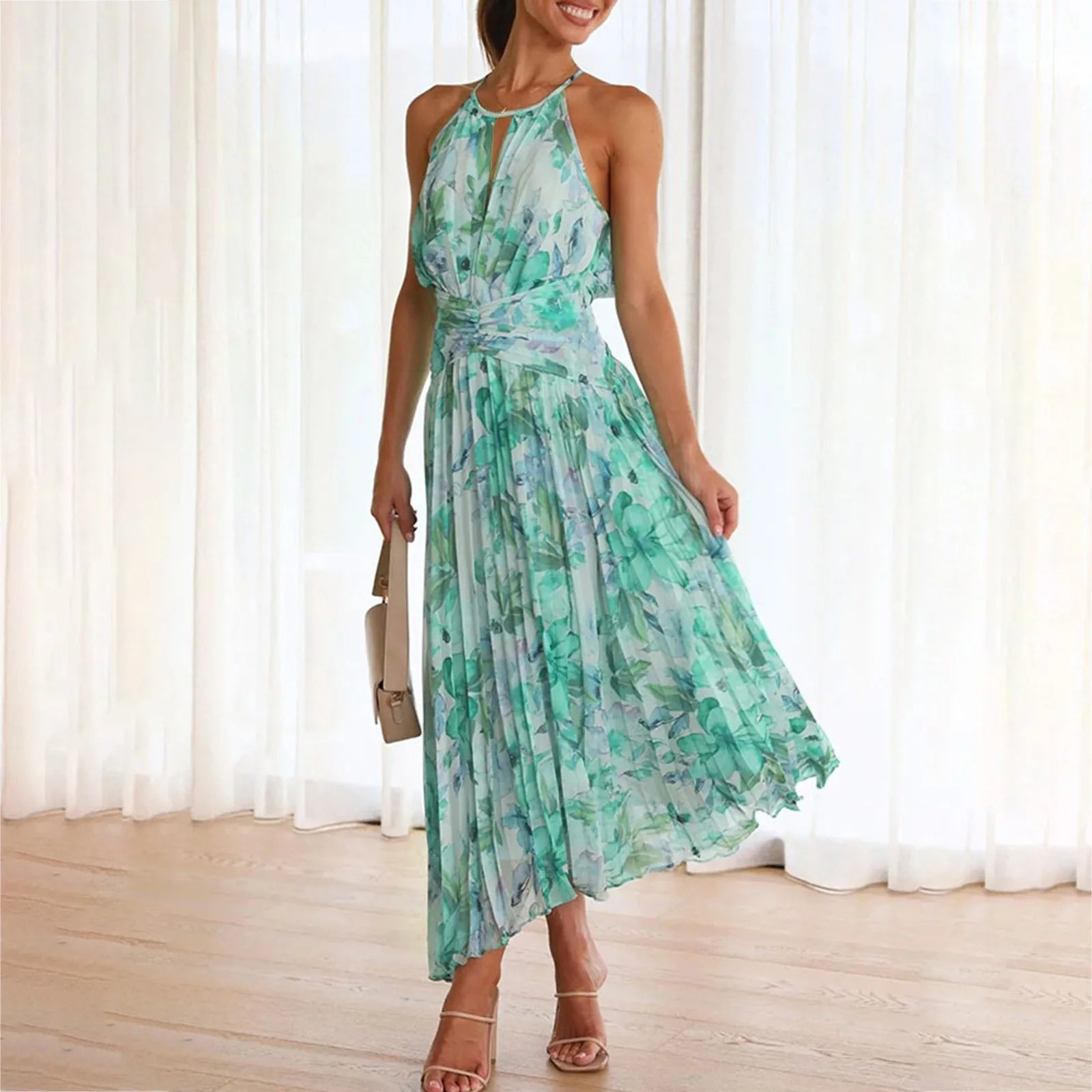 Green Floral High-Low Halter Dress