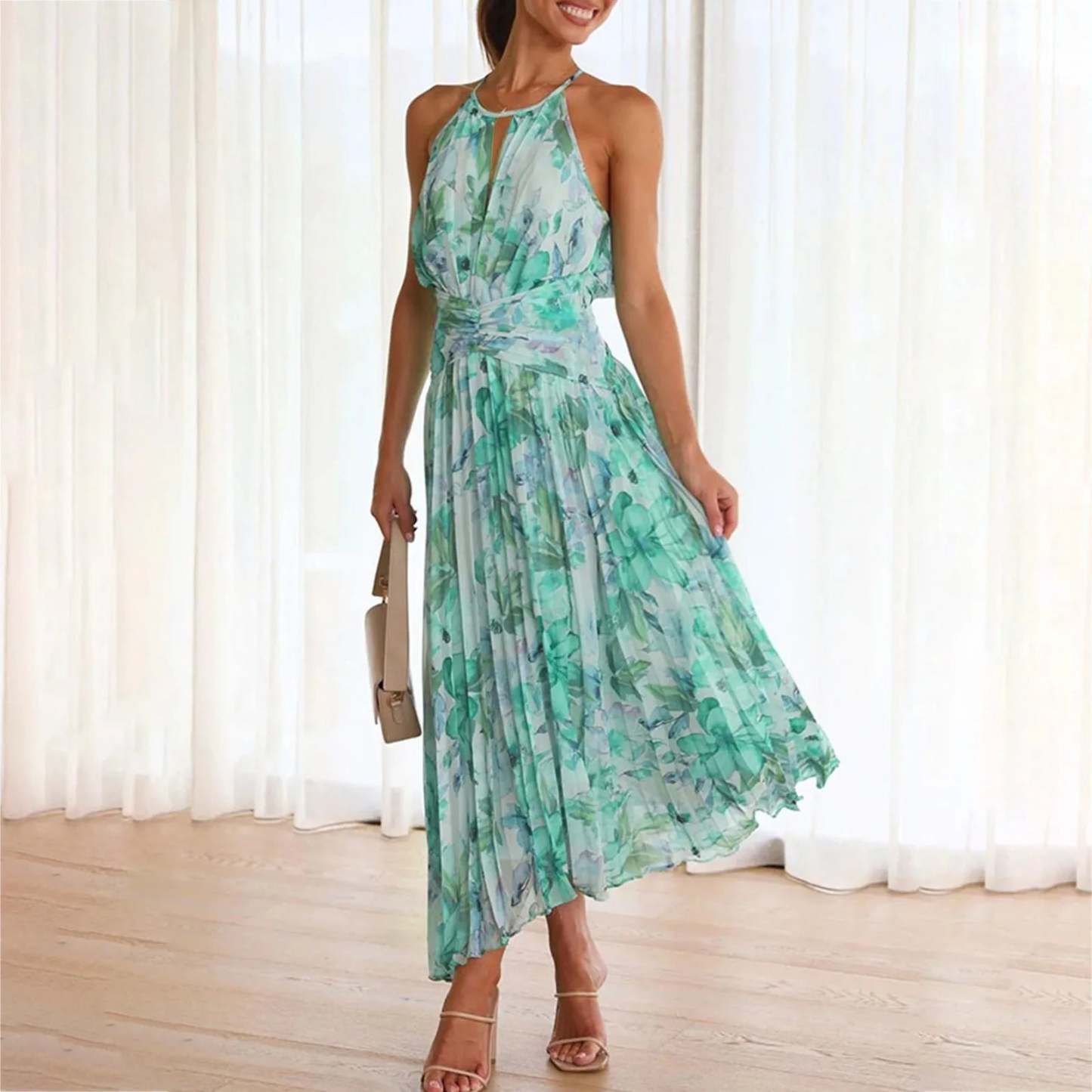 Green Floral High-Low Halter Dress