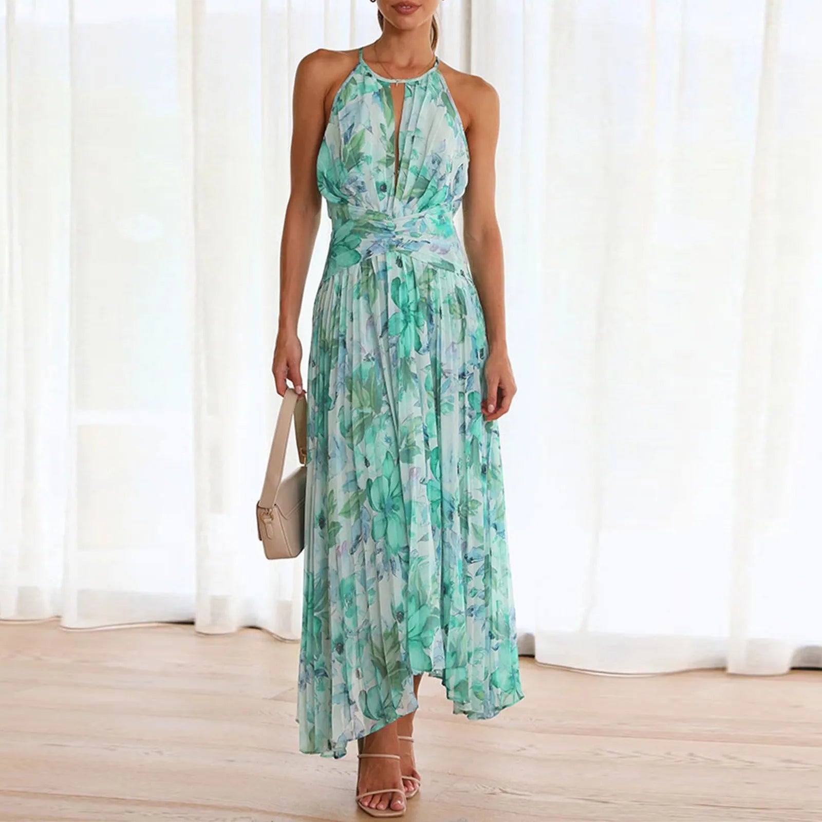 Green Floral High-Low Halter Dress