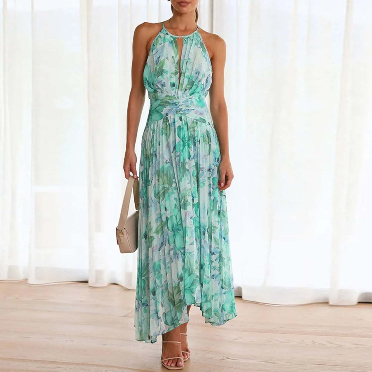 Green Floral High-Low Halter Dress