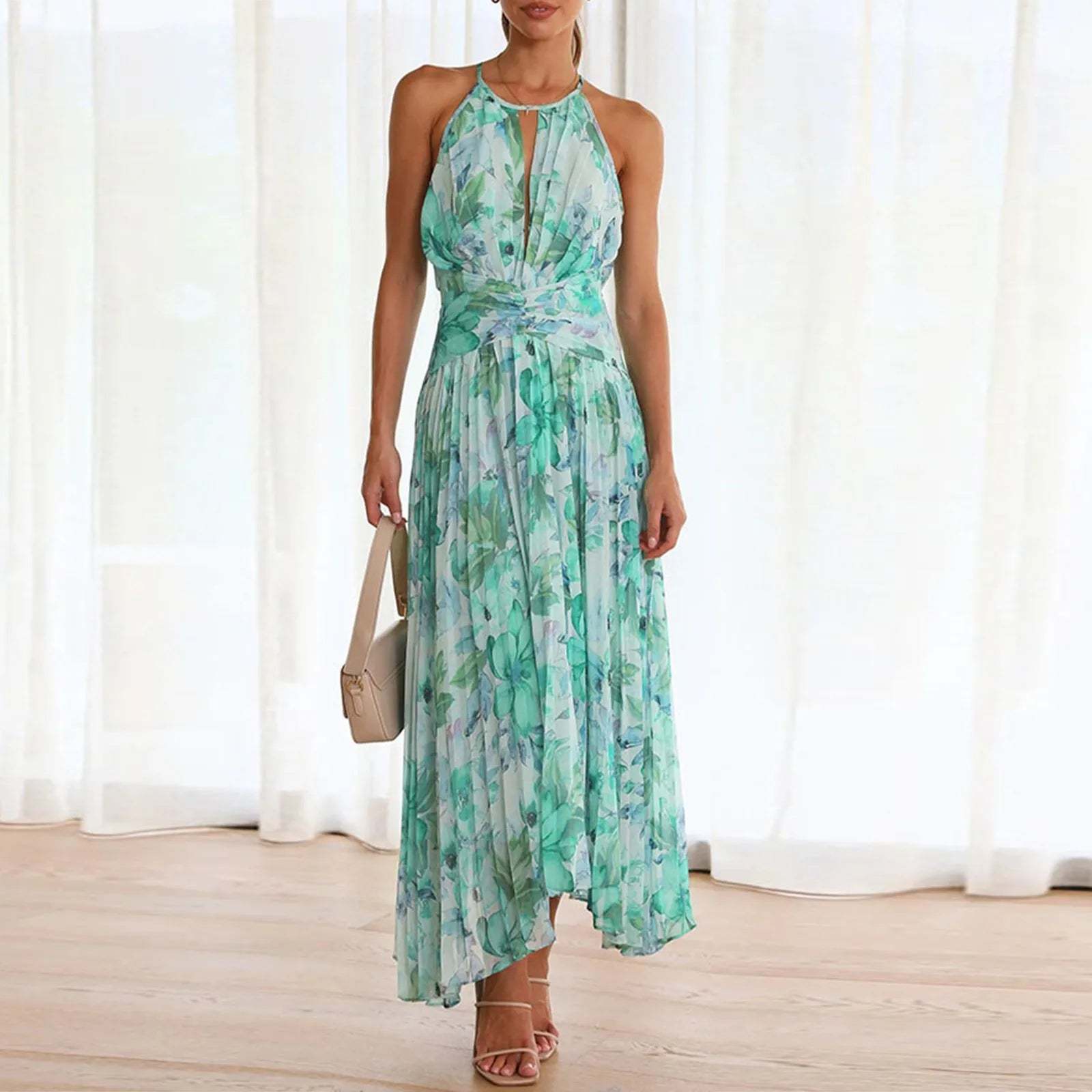 Green Floral High-Low Halter Dress