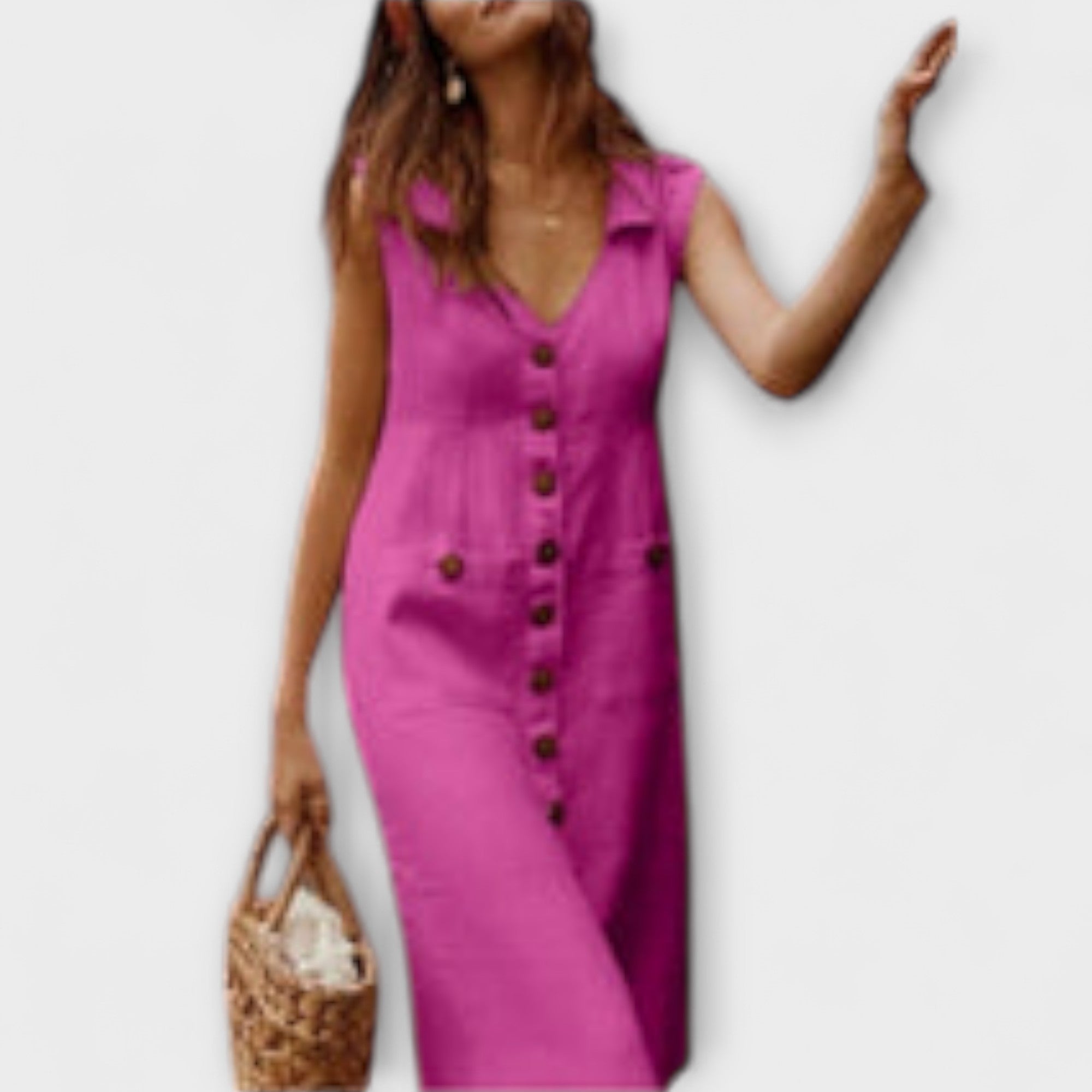 A-Line Dress Made of Cotton-Linen with Lapel Collar