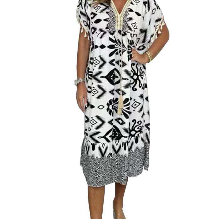 Printed Casual Dress With V-Neckline and Fringes on the Short Sleeves