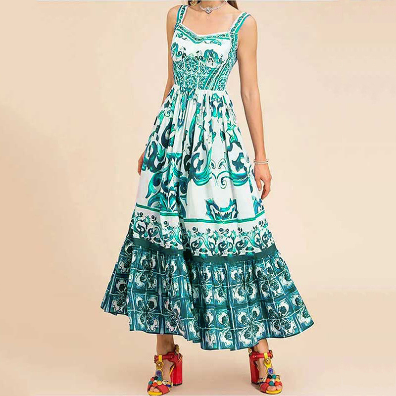 Mediterranean Italian Maiolica Pattern Maxi Dress