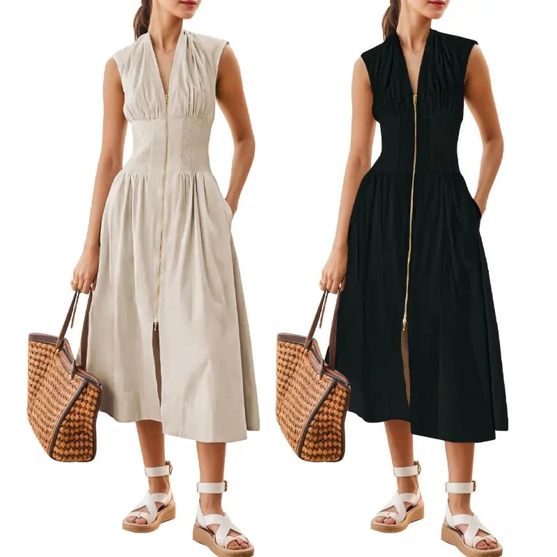 Women's Summer Smocked Midi Sundress – V-Neck Zipper Dress 