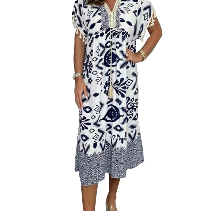Printed Casual Dress With V-Neckline and Fringes on the Short Sleeves