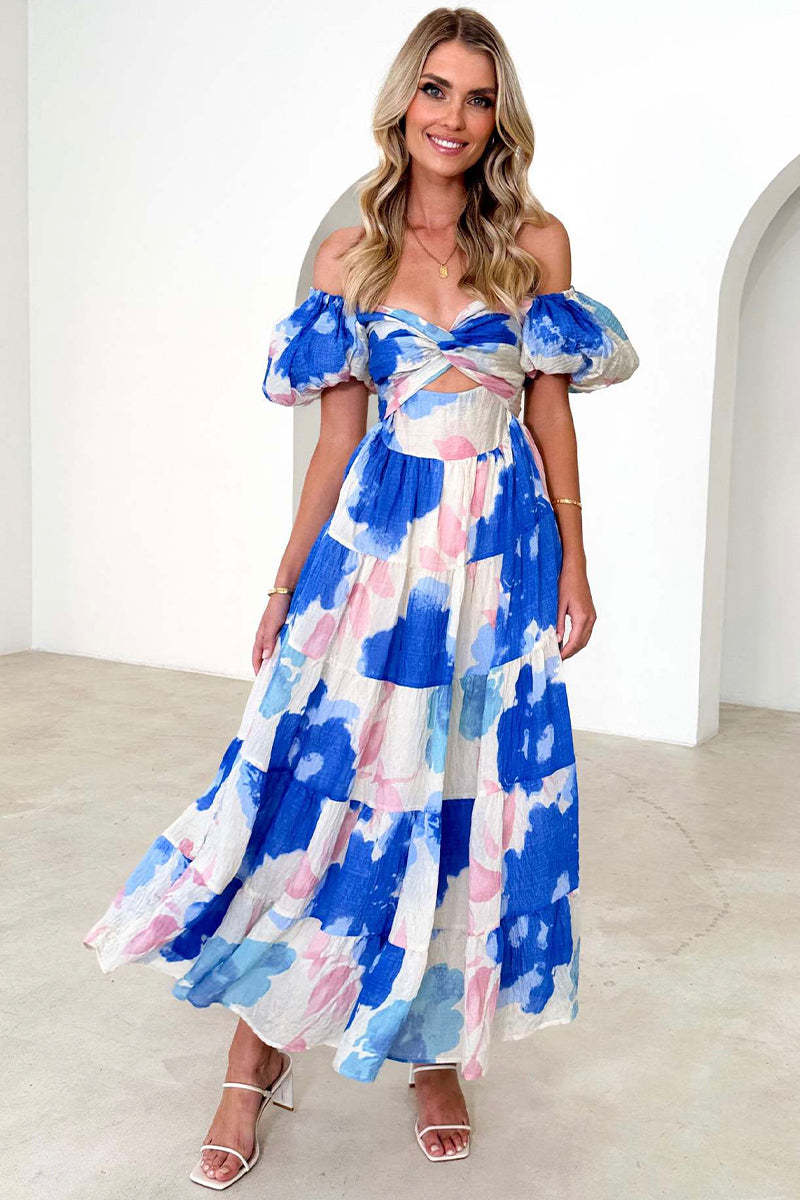 Printed Bubble Sleeve  Dress