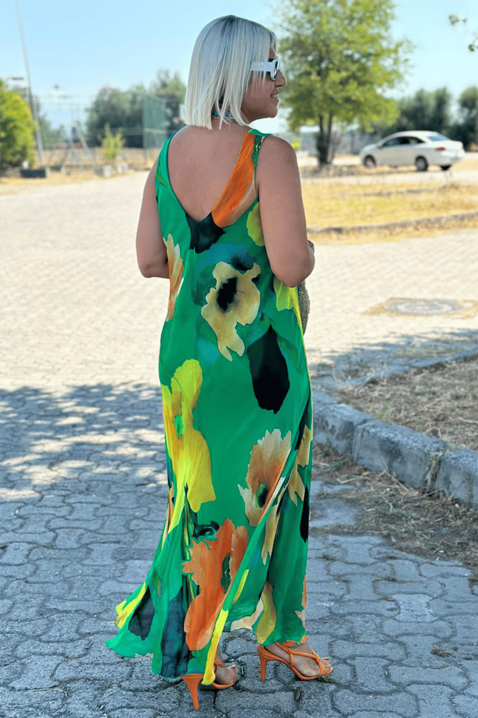 Floral Print Silk Chiffon Maxi Dress with U-Neckline