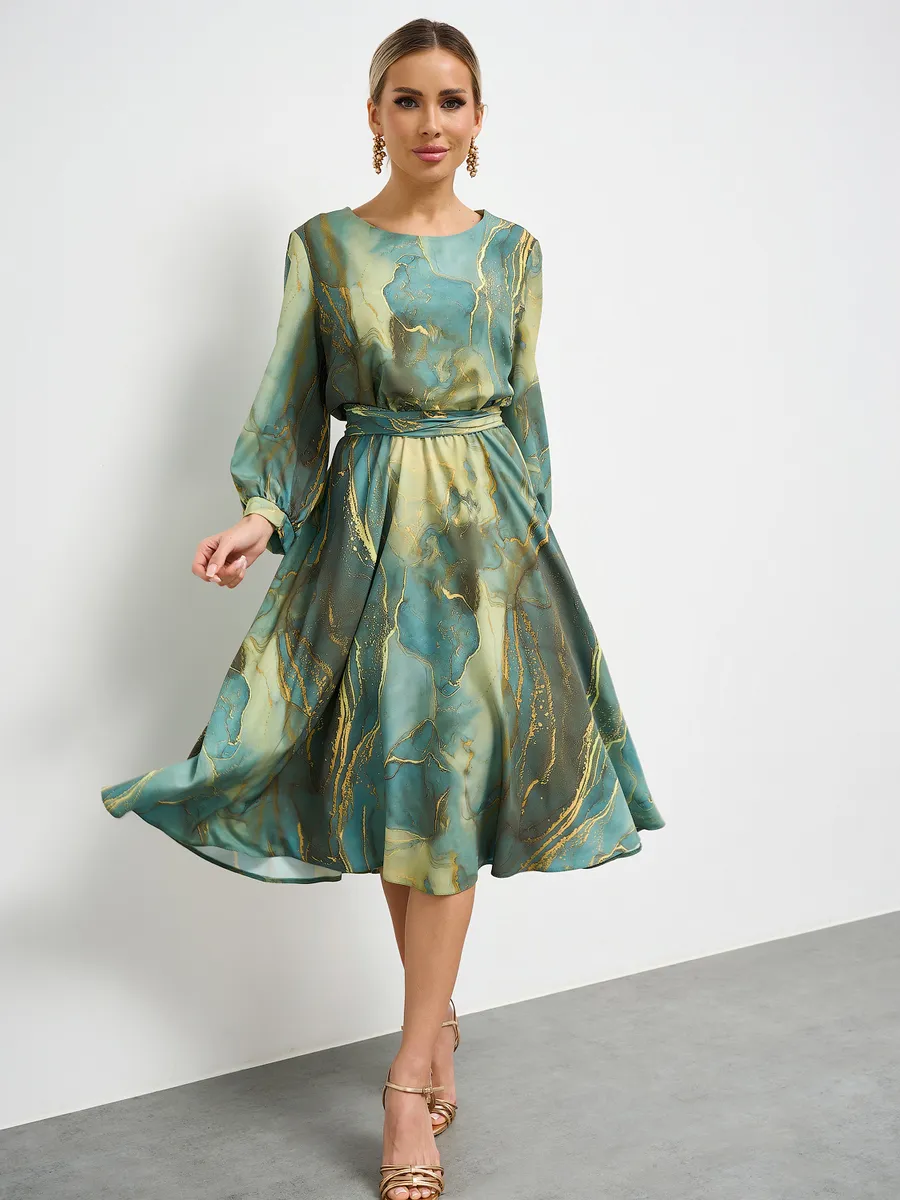 Printed Waisted French Long Sleeve Dress