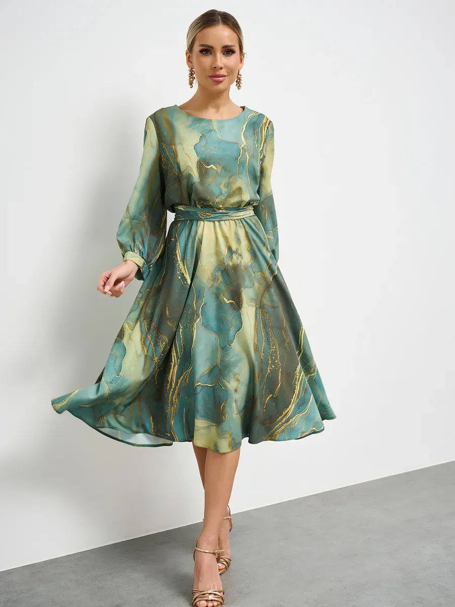 Printed Waisted French Long Sleeve Dress