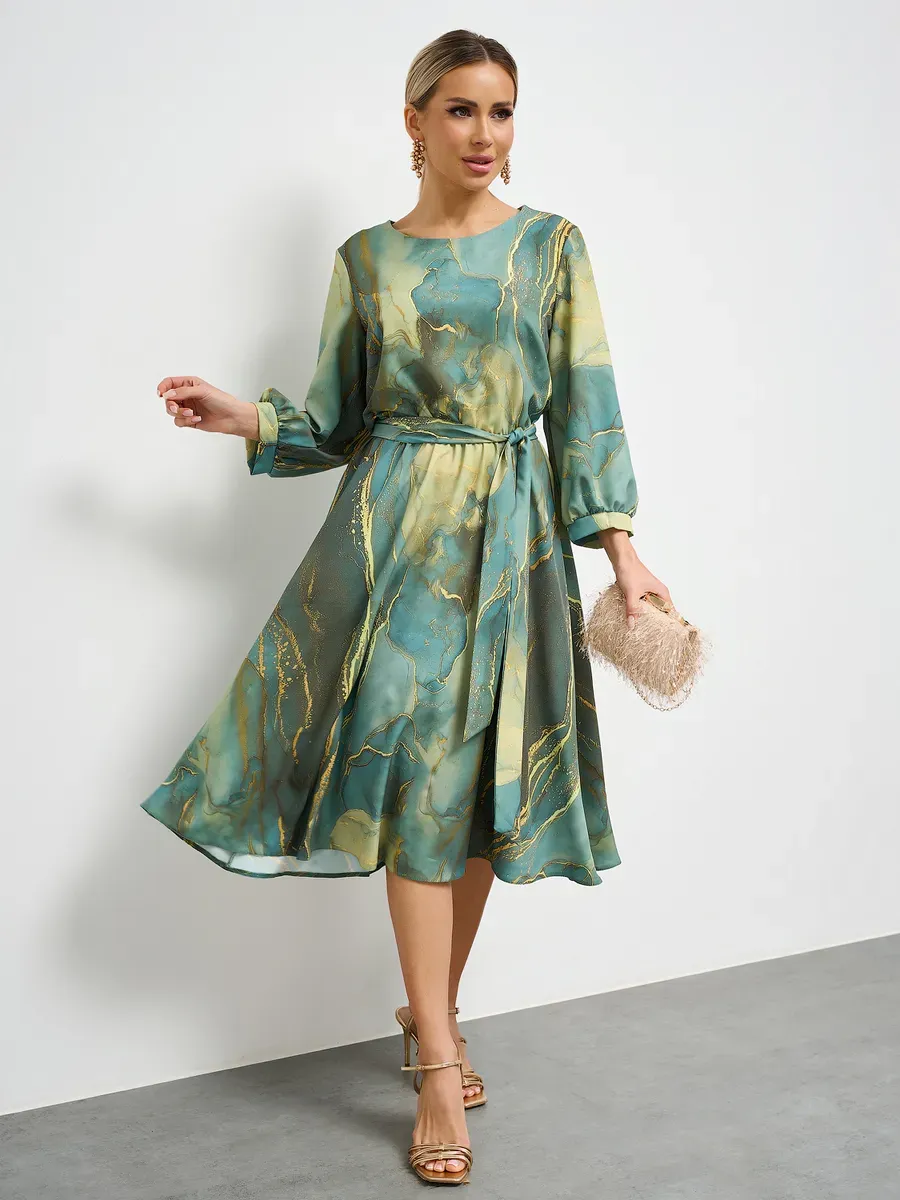 Printed Waisted French Long Sleeve Dress