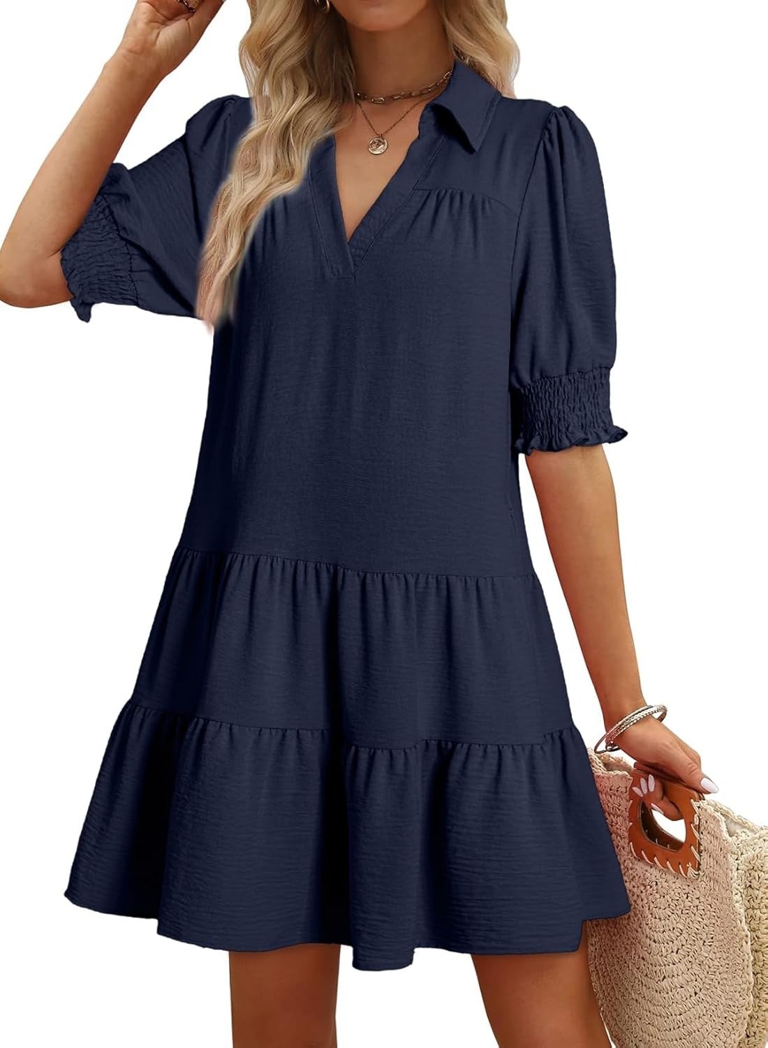 Women's Smocked Sleeve Tiered V-Neck Mini Dress
