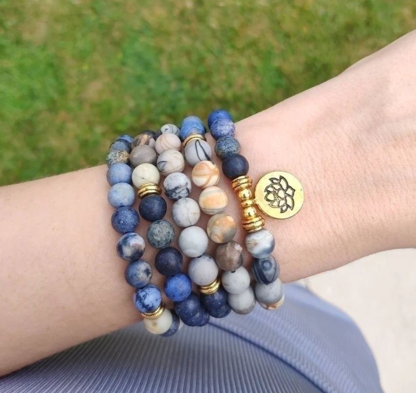 108 Natural Picasso Jasper & Blue Stone Mala Bead Bracelet