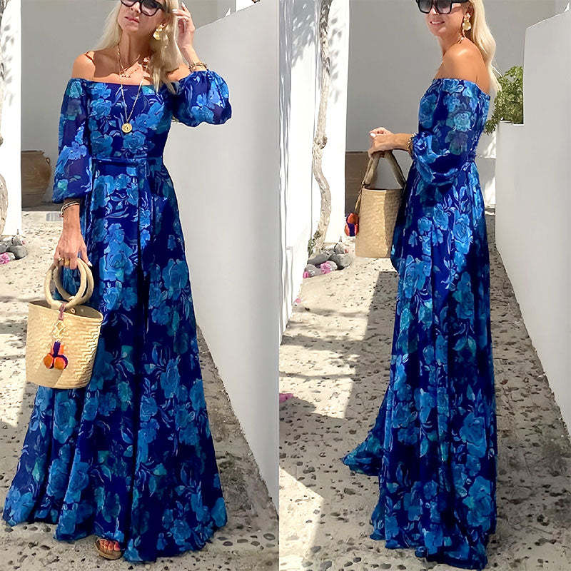 Women's Elegant Off Shoulder Floral Print Flowy Maxi Dress