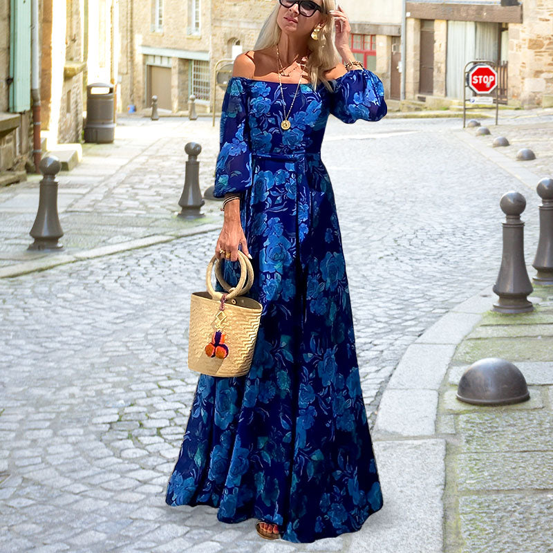 Women's Elegant Off Shoulder Floral Print Flowy Maxi Dress