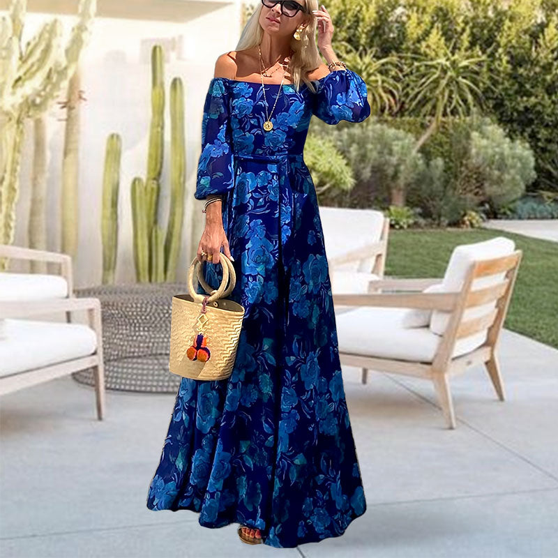 Women's Elegant Off Shoulder Floral Print Flowy Maxi Dress
