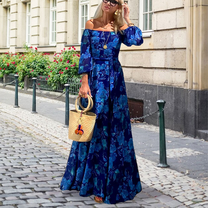 Women's Elegant Off Shoulder Floral Print Flowy Maxi Dress