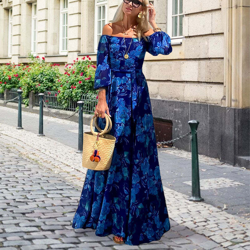 Women's Elegant Off Shoulder Floral Print Flowy Maxi Dress