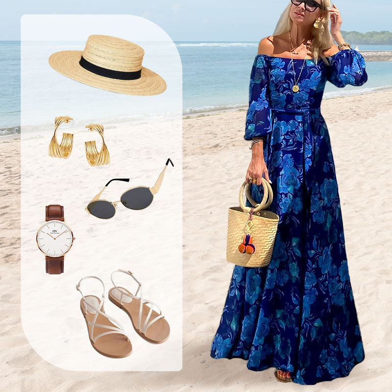 Women's Elegant Off Shoulder Floral Print Flowy Maxi Dress