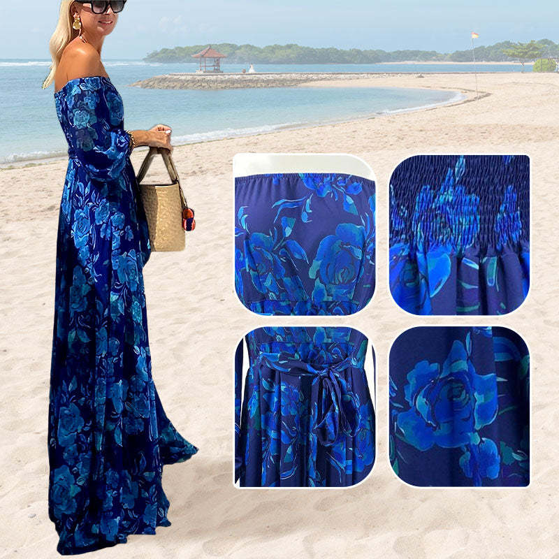 Women's Elegant Off Shoulder Floral Print Flowy Maxi Dress