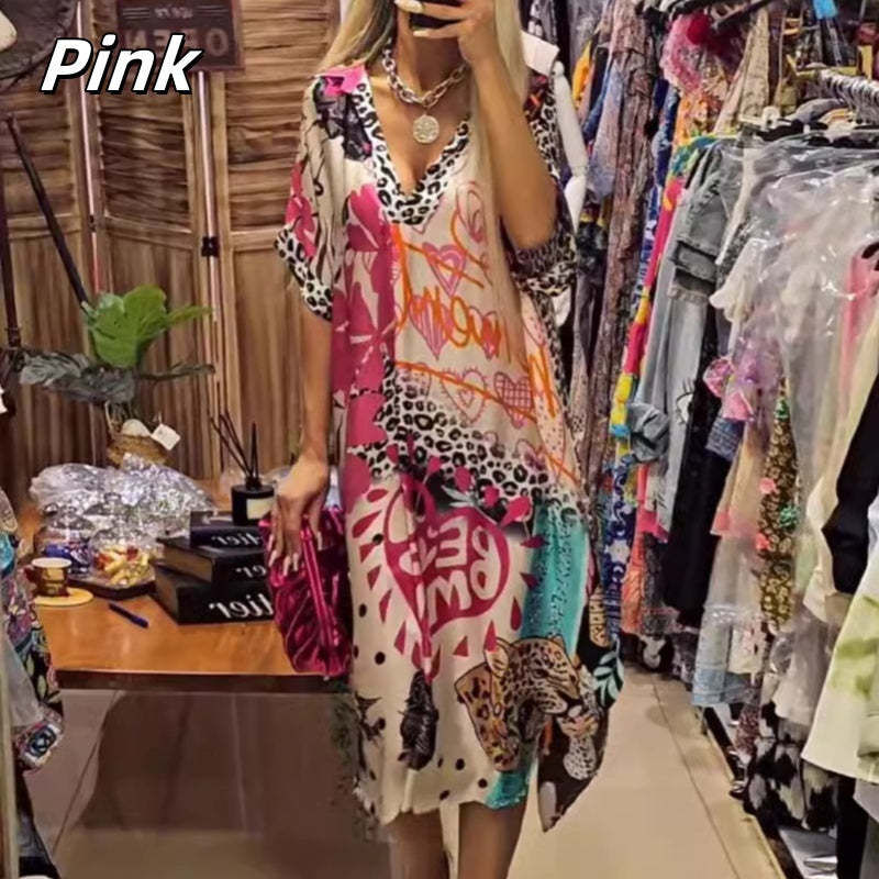 Women's Deep V Neck Short Sleeve Printed Dress