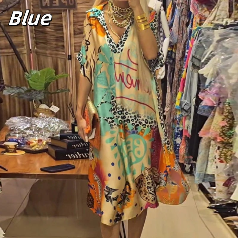 Women's Deep V Neck Short Sleeve Printed Dress