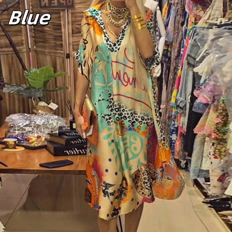 Women's Deep V Neck Short Sleeve Printed Dress