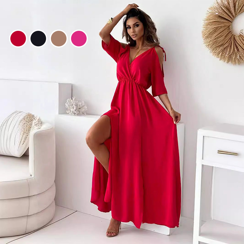 Elegant, sexy V-neck dress with side slit for women