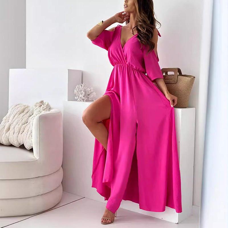 Elegant, sexy V-neck dress with side slit for women