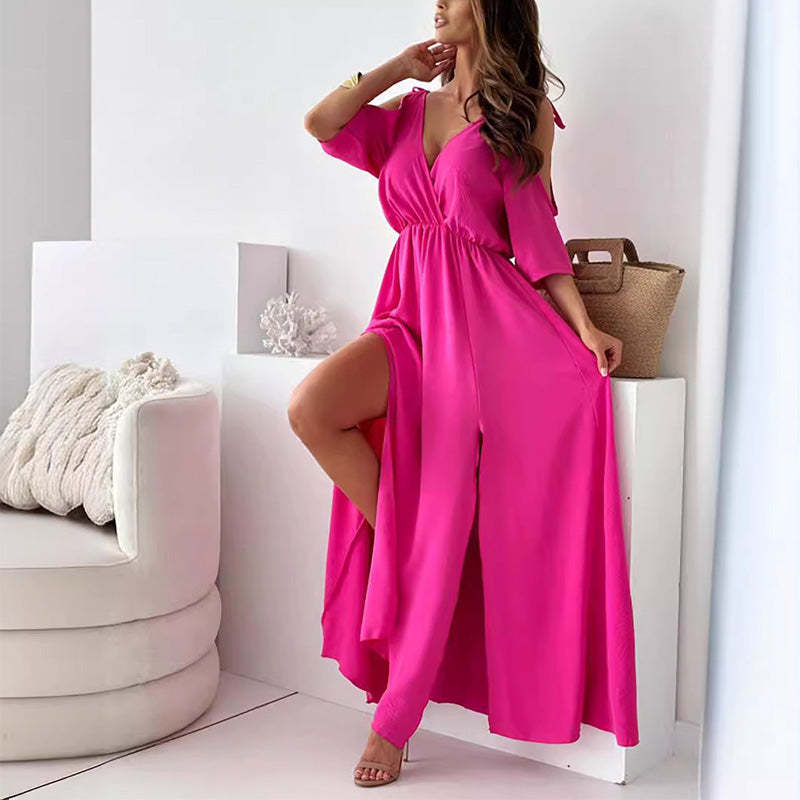 Elegant, sexy V-neck dress with side slit for women