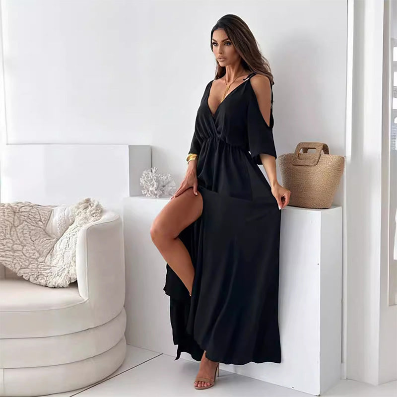Elegant, sexy V-neck dress with side slit for women