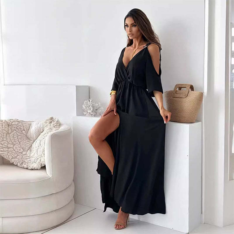 Elegant, sexy V-neck dress with side slit for women
