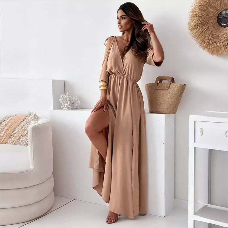 Elegant, sexy V-neck dress with side slit for women