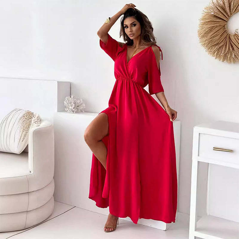 Elegant, sexy V-neck dress with side slit for women