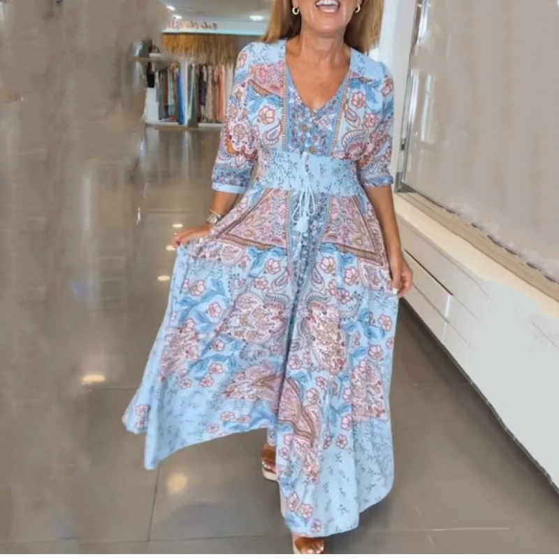 Women's Elegant Floral Drawstring Long Dress